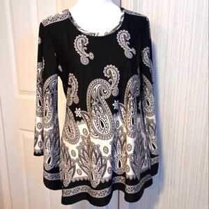 Melissa Paige Women's Sz S Knit Blouse Paisley Floral Black White 3/4 Sleeve LNC